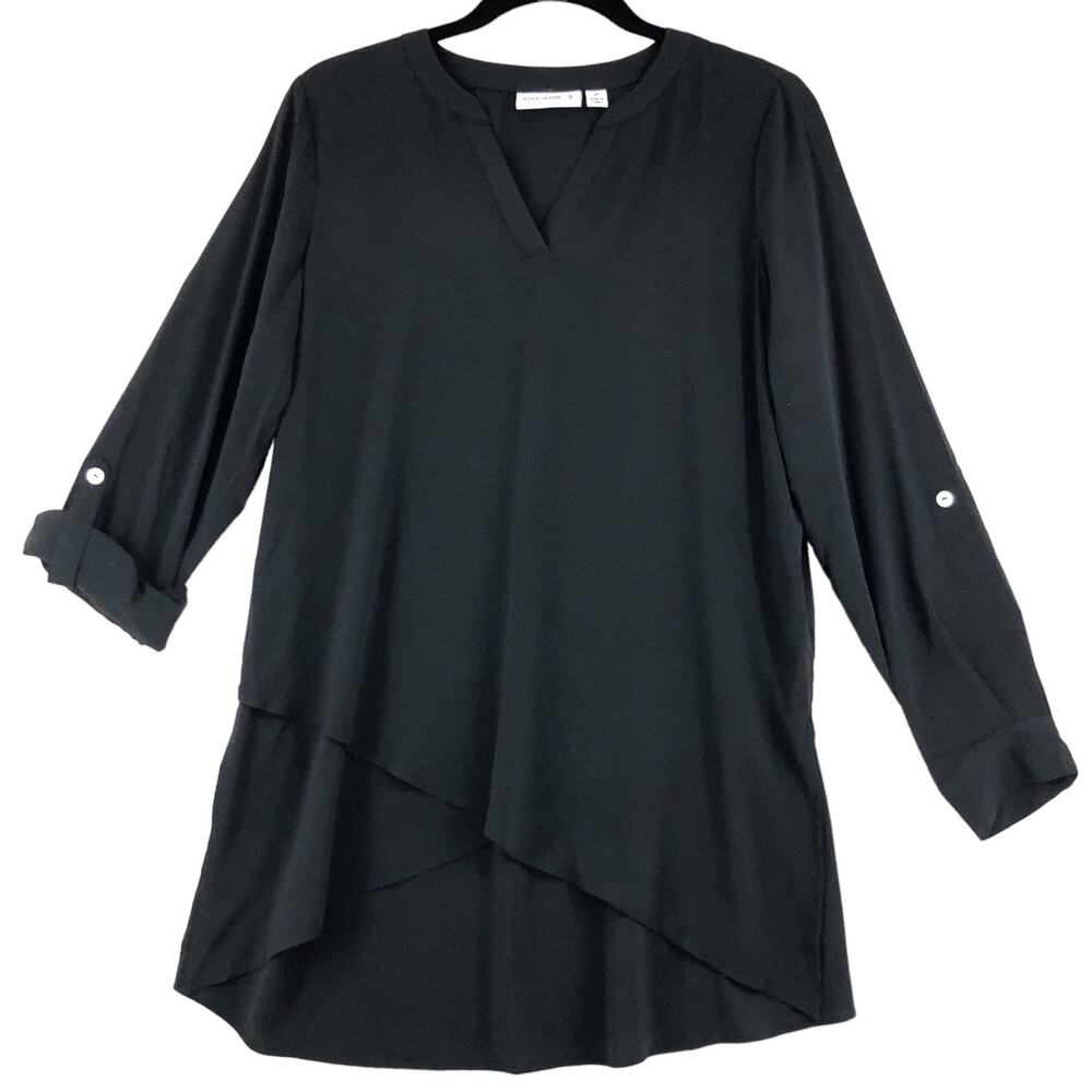 Susan Grave Womens Size 2P Petite Popover Top Black Poly Stretch Tunic Length